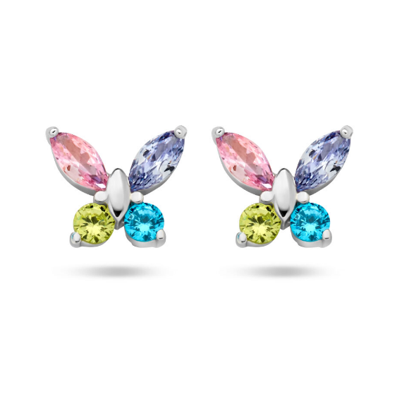 Gerhodineerd 925 zilveren vlinder oorknoppen met gekleurd zirkonia. De oorknoppen hebben een afmeting van 6.5x7mm.